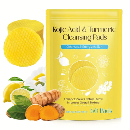 60pcs Kojic Acid & Turmeric Cleansing Pads for Face, Deep Cleanse & Brighten with Vitamin C, Alcohol-Free, Lemon Scented, Suitable for All Skin Types