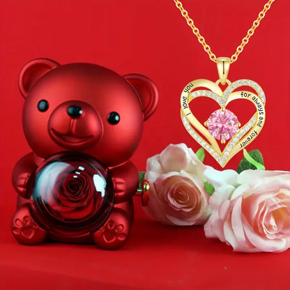 Eternal Rose Bear with Engraved Necklace – Perfect Romantic Gift for Anniversaries, Birthdays, or Weddings