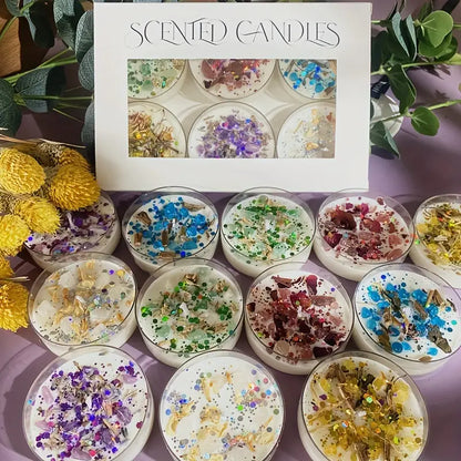 6 Gift Boxes of Crystal Dried Flower Aromatherapy Candles with Colorful Sequins Decoration, 6 Perfectly Matched Scents, Can Enhance the Romantic Atmosphere, Can Be Used as Holidays Gifts!