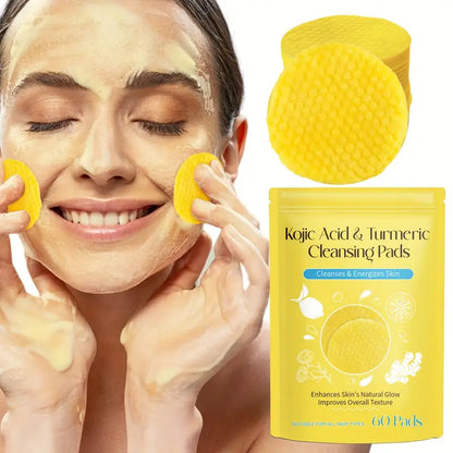 60pcs Kojic Acid & Turmeric Cleansing Pads for Face, Deep Cleanse & Brighten with Vitamin C, Alcohol-Free, Lemon Scented, Suitable for All Skin Types