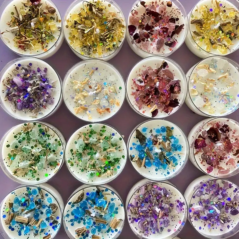 6 Gift Boxes of Crystal Dried Flower Aromatherapy Candles with Colorful Sequins Decoration, 6 Perfectly Matched Scents, Can Enhance the Romantic Atmosphere, Can Be Used as Holidays Gifts!