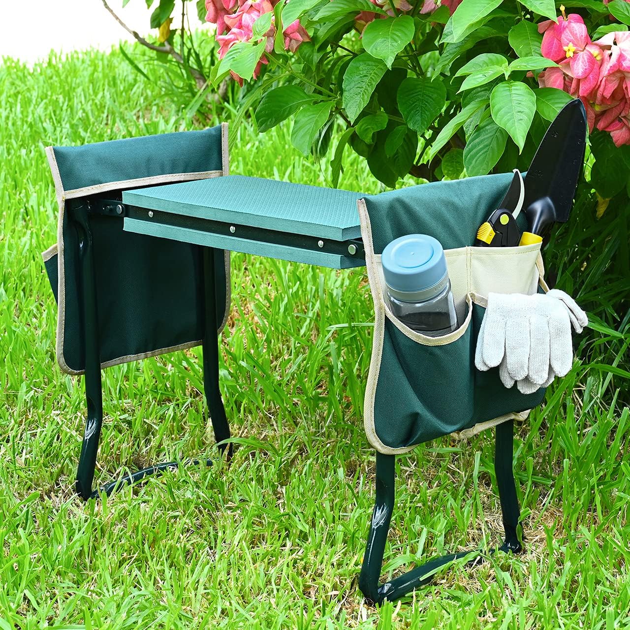 Adjustable Iron Garden Kneeling Stool, Square Outdoor Kneeler with Tool Pouch, Durable Garden Chair for Gardening, Camping, Hiking, Green