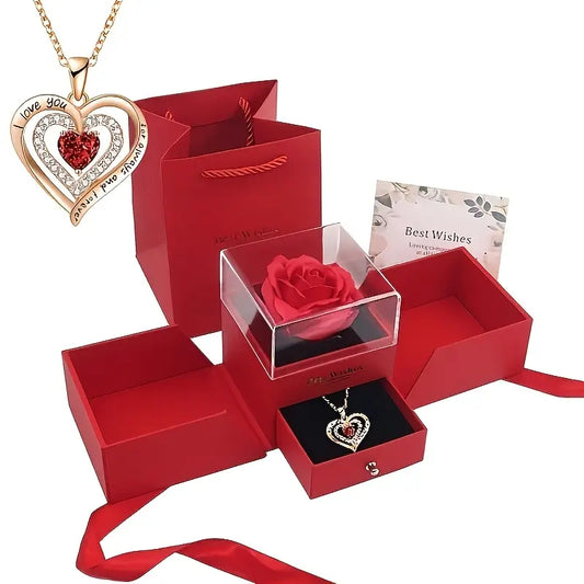 Romantic Charm | Eternal Rose Jewelry Box with Heart Necklace - Double-Door, Magnetic Closure, Fabric Interior, Classic Style, Ideal for Necklace Storage and Gifting, Keepsake Box | Classic Design | Magnetic Closure Box, Jewelry Gift Box, Jewelry Boxes