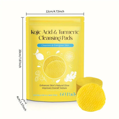 60pcs Kojic Acid & Turmeric Cleansing Pads for Face, Deep Cleanse & Brighten with Vitamin C, Alcohol-Free, Lemon Scented, Suitable for All Skin Types