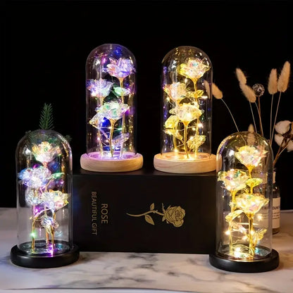 3pcs LED-Illuminated Glass Dome Rose Bouquet, Elegant Rainbow Floral Arrangement, Ideal for Mother'S Day, Birthday, Anniversary, Wedding, Suitable for Women, Daughter, Son, for Ages 14+