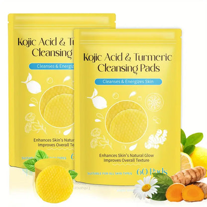 60pcs Kojic Acid & Turmeric Cleansing Pads for Face, Deep Cleanse & Brighten with Vitamin C, Alcohol-Free, Lemon Scented, Suitable for All Skin Types