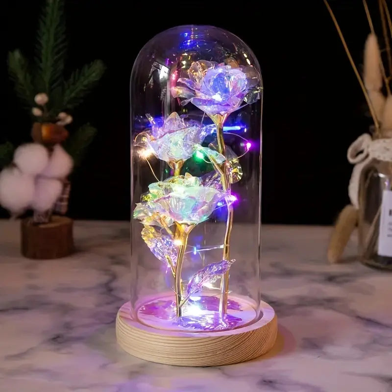 3pcs LED-Illuminated Glass Dome Rose Bouquet, Elegant Rainbow Floral Arrangement, Ideal for Mother'S Day, Birthday, Anniversary, Wedding, Suitable for Women, Daughter, Son, for Ages 14+