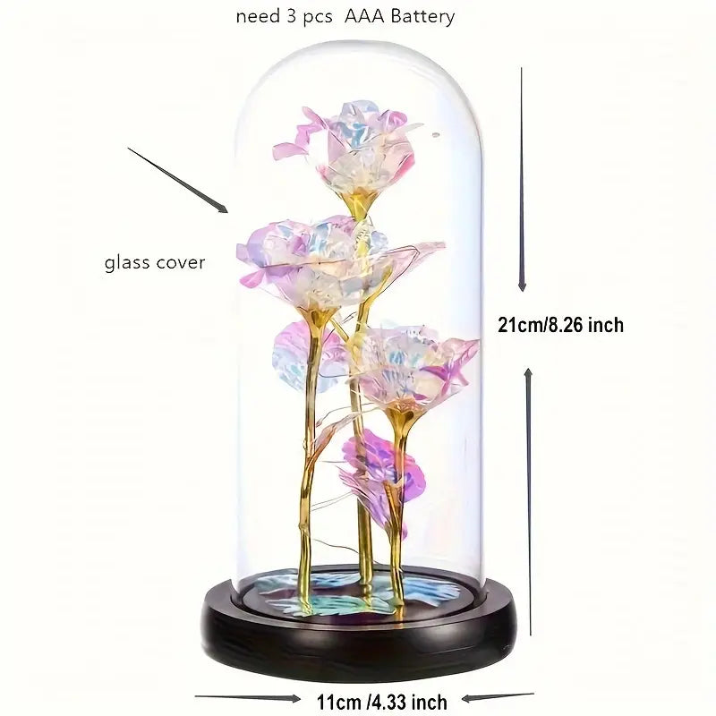 3pcs LED-Illuminated Glass Dome Rose Bouquet, Elegant Rainbow Floral Arrangement, Ideal for Mother'S Day, Birthday, Anniversary, Wedding, Suitable for Women, Daughter, Son, for Ages 14+