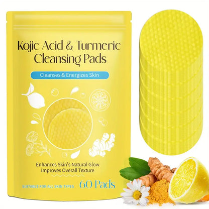 60pcs Kojic Acid & Turmeric Cleansing Pads for Face, Deep Cleanse & Brighten with Vitamin C, Alcohol-Free, Lemon Scented, Suitable for All Skin Types